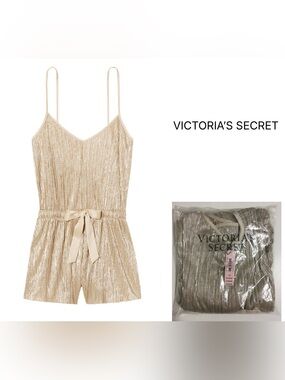 VICTORIA’S SECRET - M/L - NWT - GOLD METALLIC SHINE PLEAT SLEEP ROMPER / SLIP